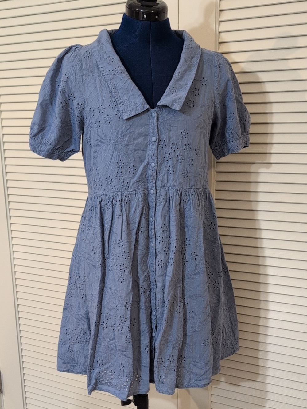 Light Blue Eyelet Mini Dress with Button Front and Peter Pan Collar